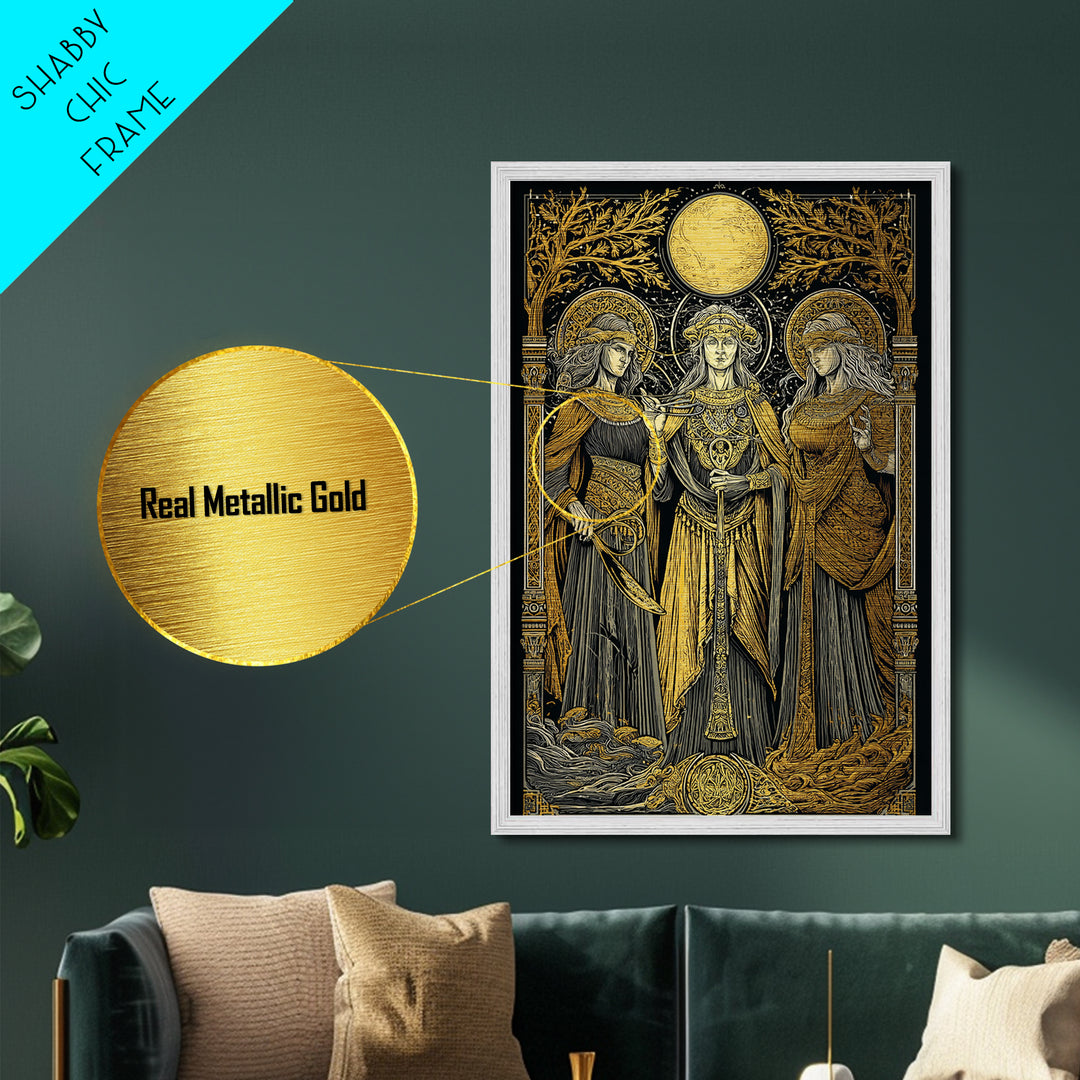 Three Goddesses Mythological Metallic Gold Metal Print, Greek Goddess Wall Art, Sacred Feminine Decorative Art, Real Wood Frame