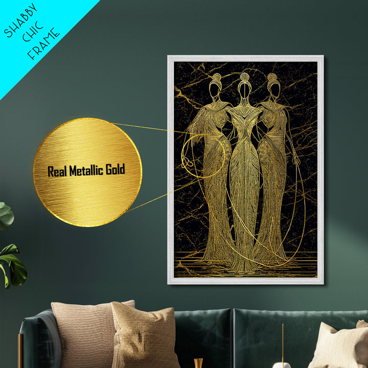 The Fates Mythological Metallic Gold Metal Print, Destiny Goddess Wall Art, Greek Myth Symbolism, Elegant Decor, Real Wood Frame