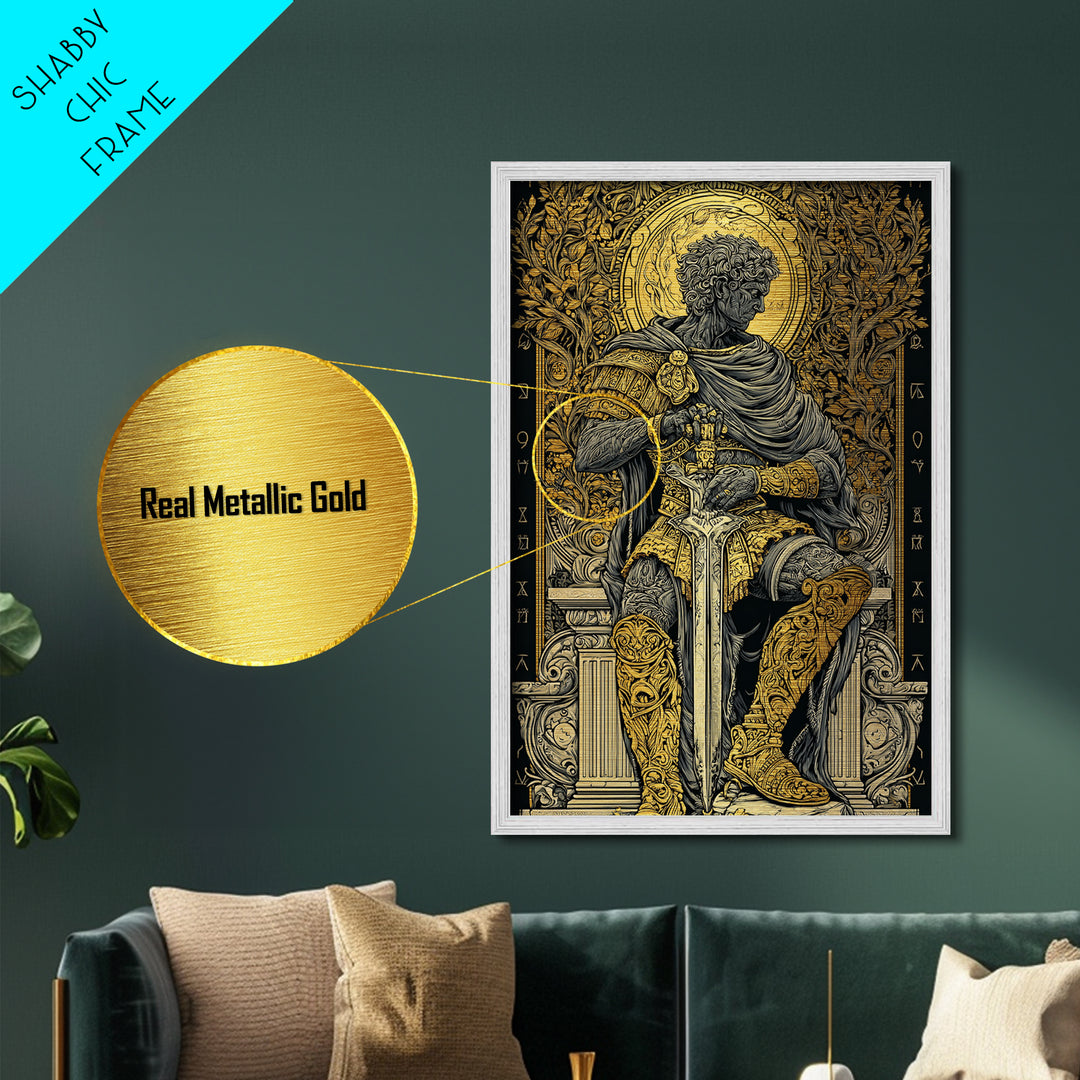 Seated Roman King Metallic Gold Metal Print, Ancient Emperor Wall Art, Regal Mythological Decor, Real Wood Frame