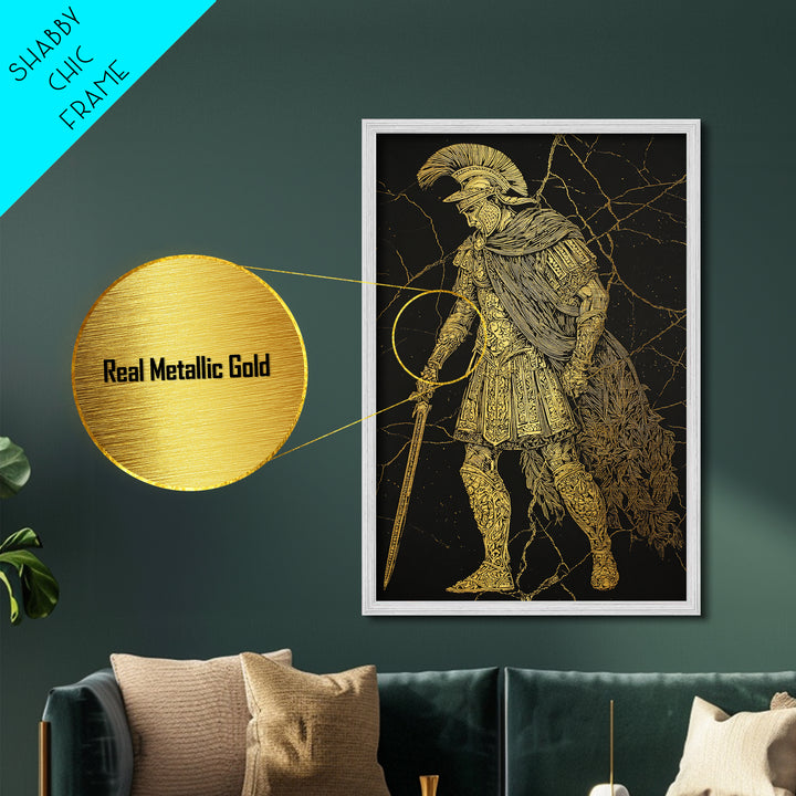 Mythical Roman Soldier Metallic Gold Metal Print, Ancient Gladiator Wall Art, Warrior Decorative Art, Real Wood Frame