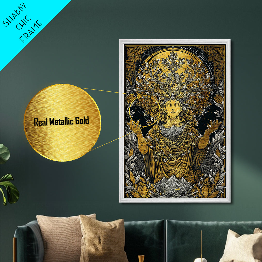 Gaia Mother Earth Metallic Gold Metal Print, Greek Goddess Wall Art, Divine Nature Decorative Art, Real Wood Frame