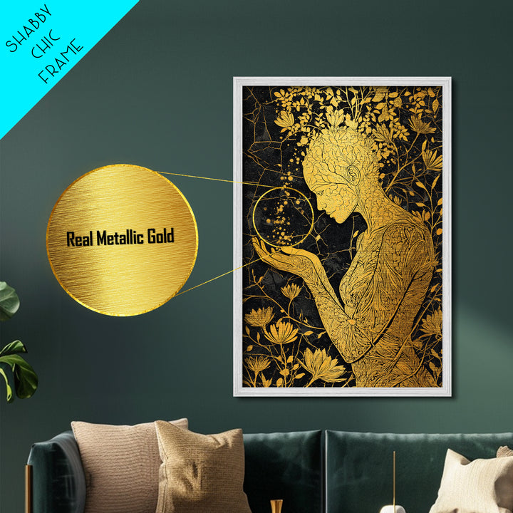 Floral Spirit Goddess Metallic Gold Metal Print, Botanical Mythological Wall Art, Feminine Divine Decor, Real Wood Frame