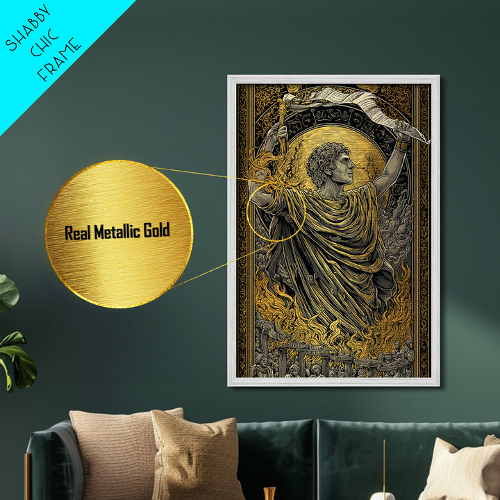 Ancient Roman Emperor Metallic Gold Metal Print, Greek Mythological Wall Art, Heroic Decorative Art, Real Wood Frame