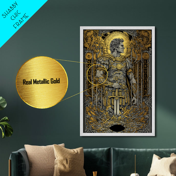 Roman Warrior Holding Sword, Metallic Gold Metal Print, Ancient Soldier Artwork, Mythology Wall Art, Real Wood Frame