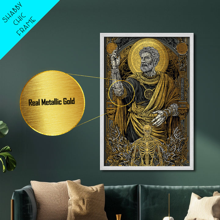 Ancient Philosopher With Skeleton, Metallic Gold Metal Print, Mythology Wall Art, Classical History Artwork, Real Wood Frame
