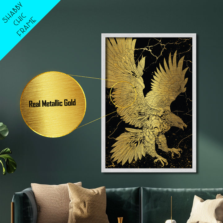 Majestic Eagle In Flight, Metallic Gold Art, Mythology Inspired Bird Print, Ancient Symbol Wall Decor, Luxury Real Wood Frame