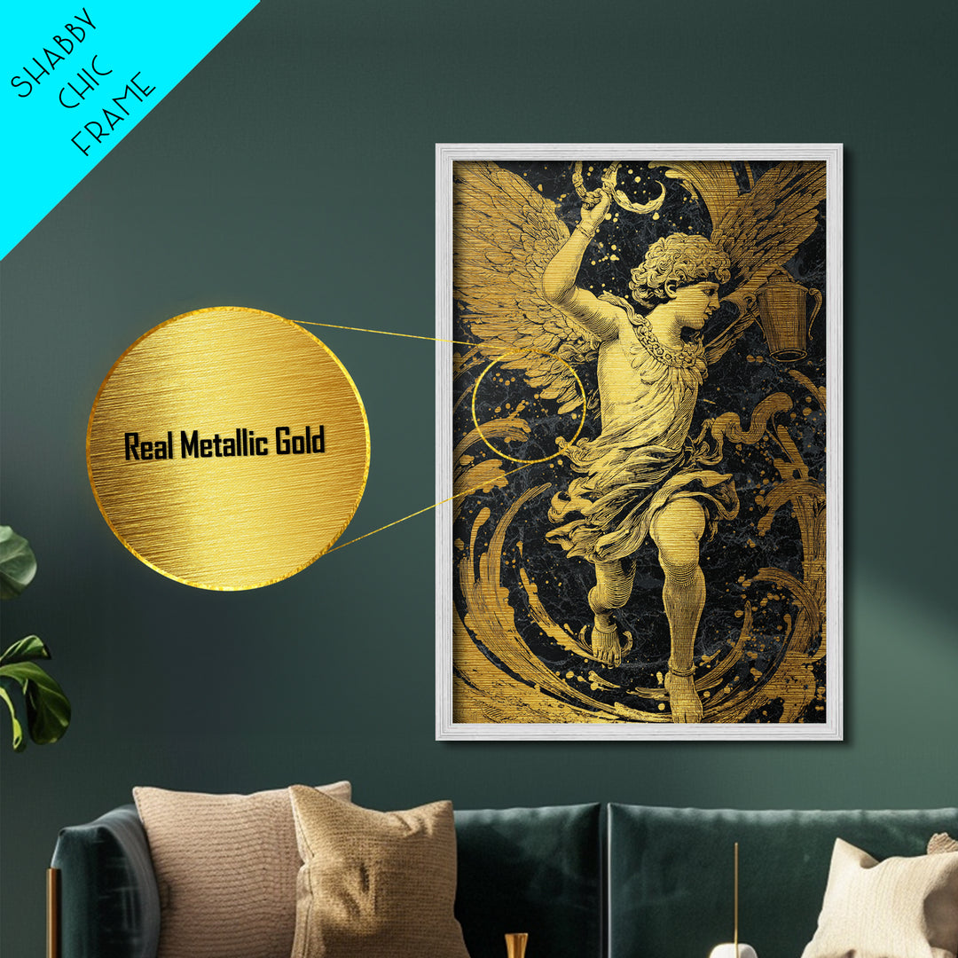 Winged Angel With Water Vessel, Metallic Gold Metal Print, Mythology Inspired Artwork, Ancient Classical Decor, Real Wood Frame