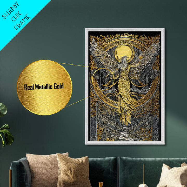 Eagle Headed Deity Holding Chalice, Metallic Gold Art, Mythology Inspired Wall Print, Ancient Symbol Artwork, Real Wood Frame