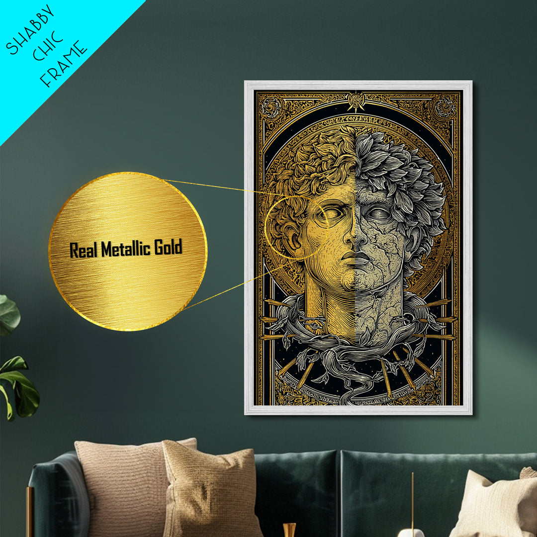 Dual Faced Mythological Bust, Metallic Gold Metal Print, Ancient Symbolic Artwork, Mythology Inspired Wall Decor, Real Wood Frame