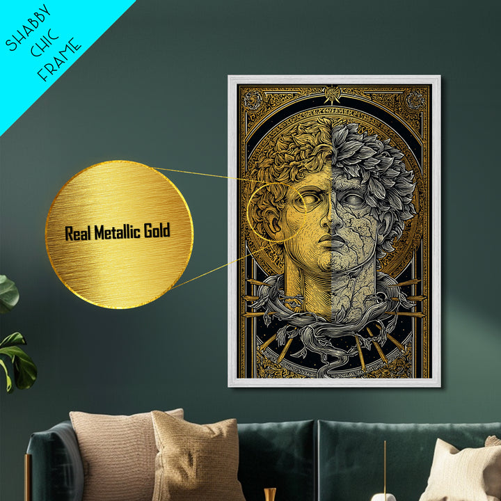 Dual Faced Mythological Bust, Metallic Gold Metal Print, Ancient Symbolic Artwork, Mythology Inspired Wall Decor, Real Wood Frame