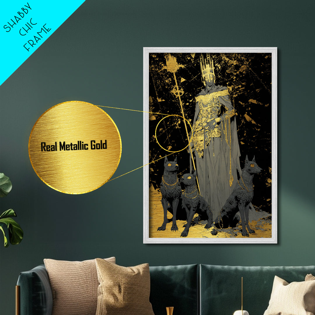 Dark King With Hounds, Metallic Gold Art, Mythology Inspired Metal Print, Ancient Underworld Wall Artwork, Real Wood Frame