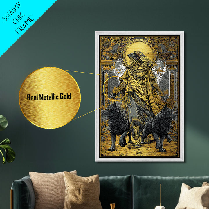 Hooded Deity With Wolves, Metallic Gold Metal Print, Mythology Inspired Artwork, Ancient Symbolic Wall Decor, Real Wood Frame