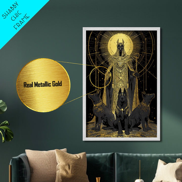 Anubis With Sacred Hounds, Metallic Gold Art, Mythology Inspired Metal Print, Egyptian God Wall Artwork, Real Wood Frame