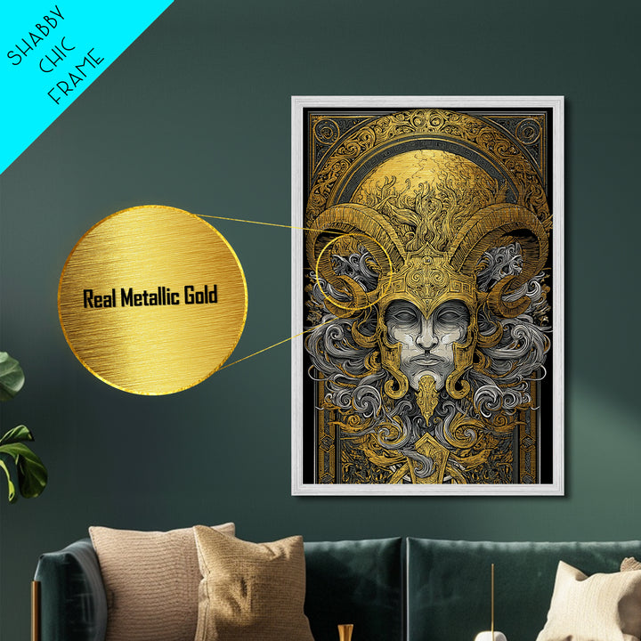 Mythical Horned Warrior Metallic Gold Metal Print, Intricate Greek God Art, Luxury Wall Decor, Real Wood Frame Artwork