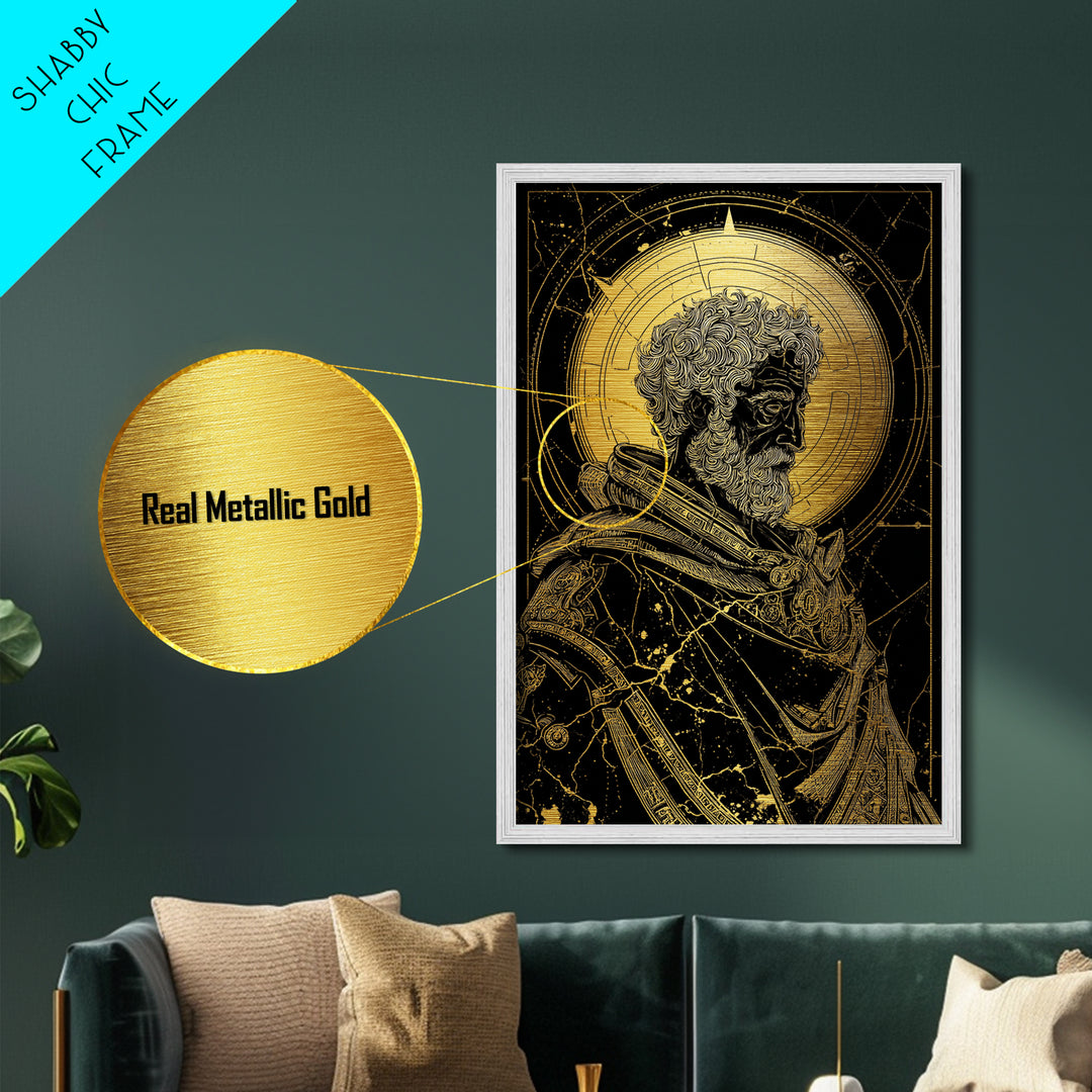 Ancient Philosopher Bust Metallic Gold Metal Print, Greek Portrait Wall Art, Regal Mythology Decor, Real Wood Frame