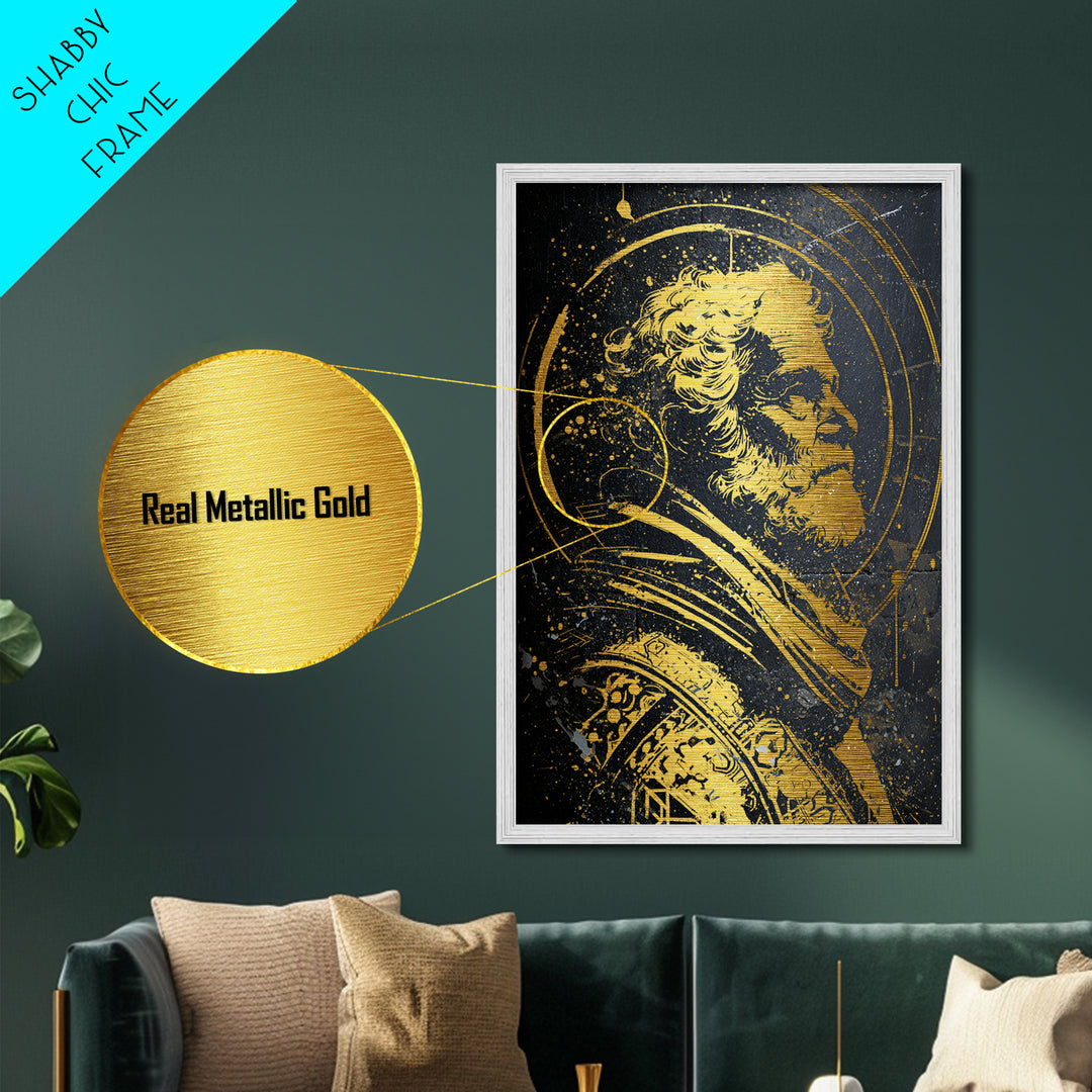 Stoic Elder Portrait Metallic Gold Metal Print, Greek Philosopher Wall Art, Abstract Ancient Decor, Real Wood Frame