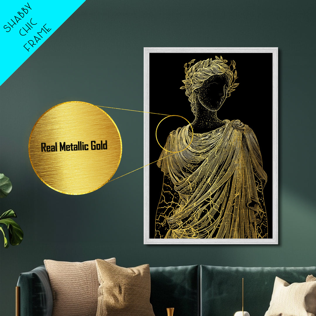 Divine Goddess Bust Metallic Gold Metal Print, Ethereal Greek Statue Art, Elegant Classical Wall Decor, Real Wood Frame