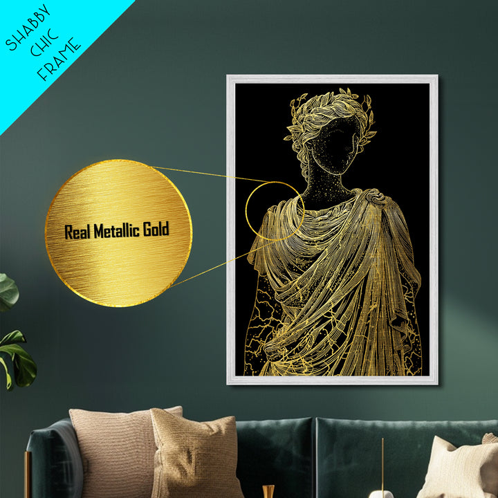 Divine Goddess Bust Metallic Gold Metal Print, Ethereal Greek Statue Art, Elegant Classical Wall Decor, Real Wood Frame