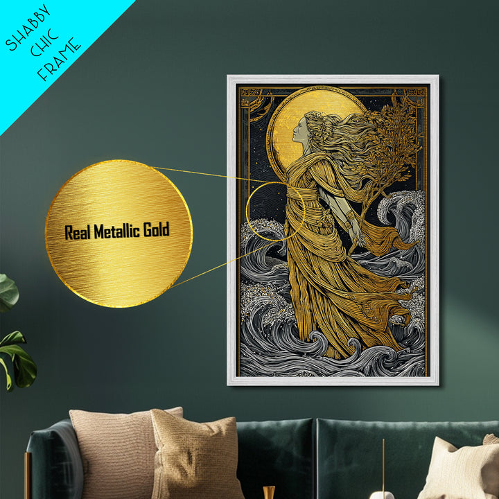 Moonlit Goddess Metallic Gold Metal Print, Flowing Mythology Wall Art, Timeless Greek Fantasy Decor, Real Wood Frame