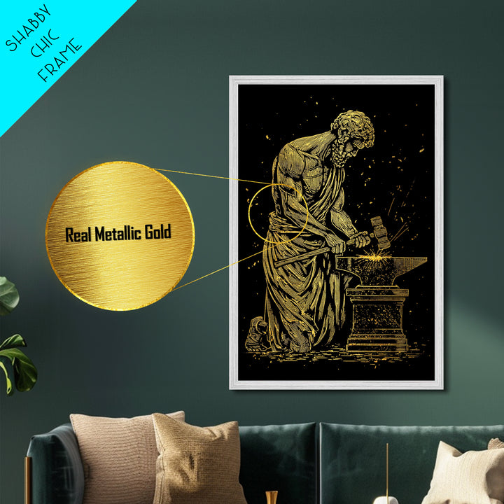 Hephaestus At Forge Metallic Gold Metal Print, Greek God Blacksmith Art, Strong Mythology Wall Decor, Real Wood Frame