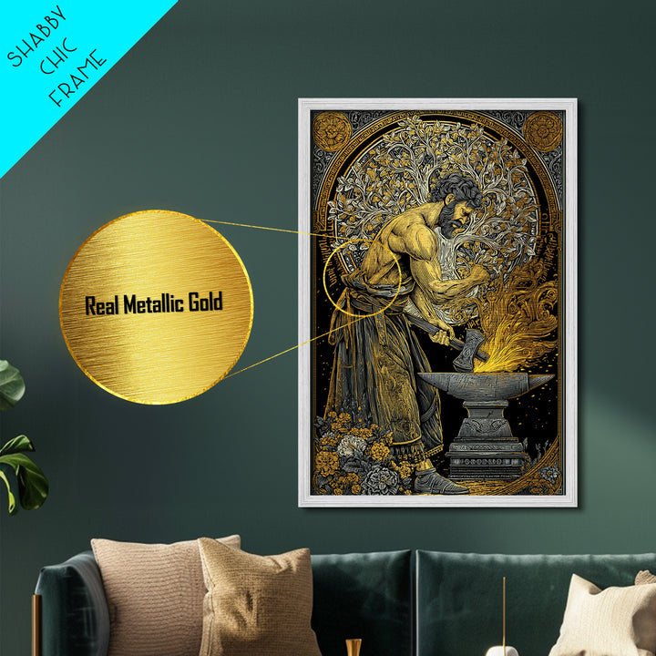 Mythical Forge Master Metallic Gold Metal Print, Ancient Greek Hephaestus Art, Dramatic Mythology Wall Decor, Real Wood Frame