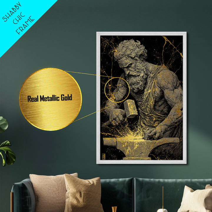 Greek God At Anvil Metallic Gold Metal Print, Mythological Hephaestus Art, Classic Blacksmith Wall Decor, Real Wood Frame