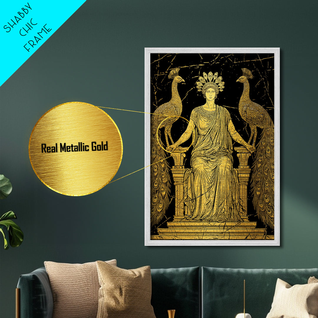 Greek Goddess Hera With Peacocks Metallic Gold Metal Print, Mythology Wall Art, Luxury Wood Framed Art Decor