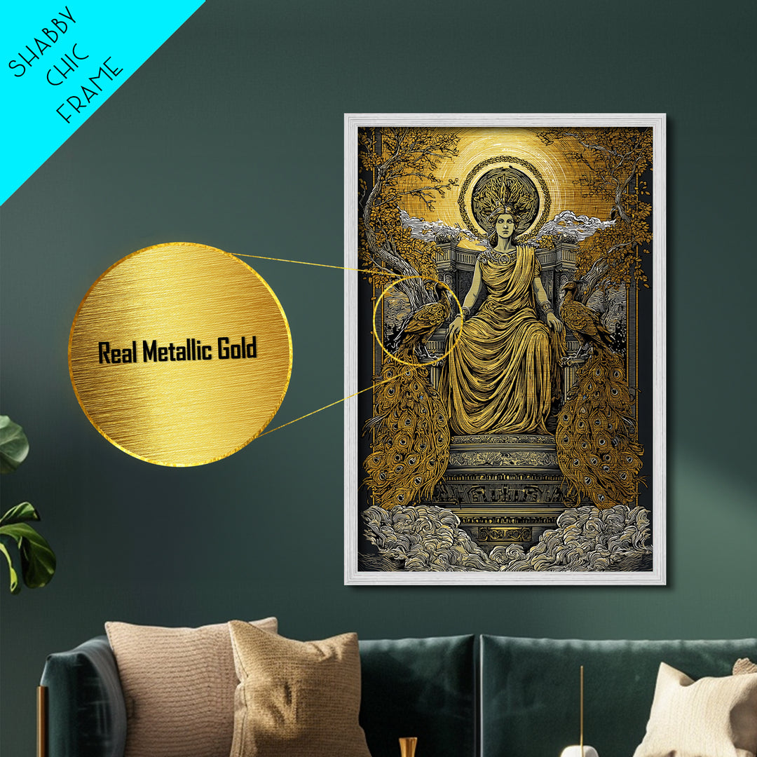 Divine Queen Hera Metallic Gold Metal Print, Greek Goddess Wall Art, Regal Mythology Decor, Real Wood Frame Artwork