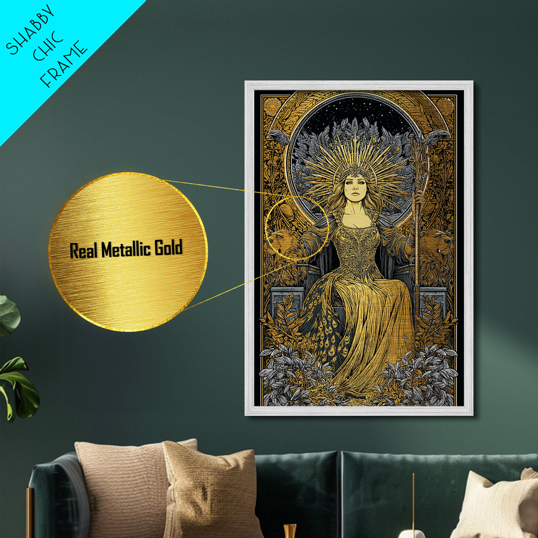Greek Goddess Hera Throne Metallic Gold Metal Print, Mythology Wall Art, Divine Regal Decor, Real Wood Frame Artwork