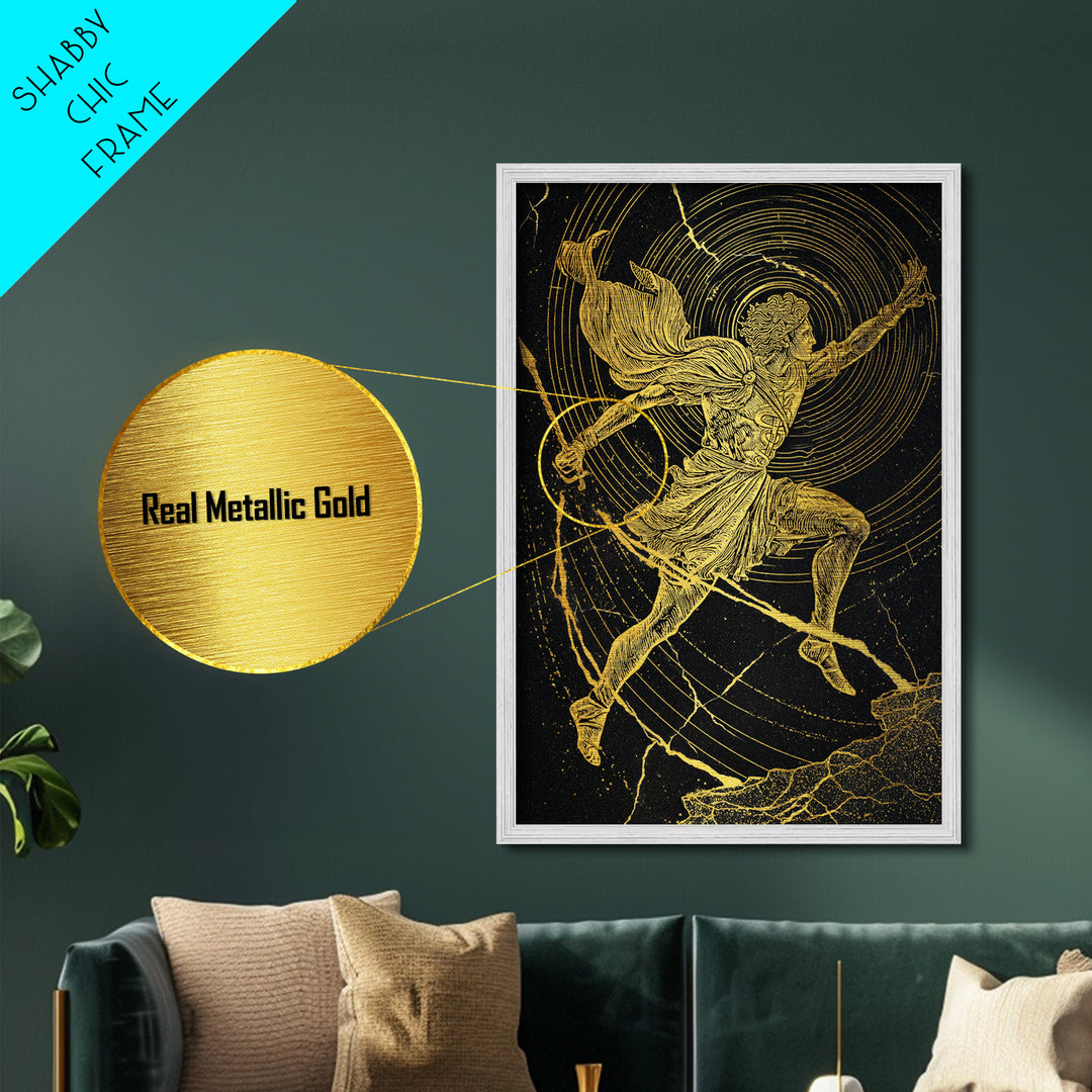 Hermes Running With Caduceus Metallic Gold Metal Print, Greek God Art, Mythology Wall Decor, Luxury Wood Framed Print