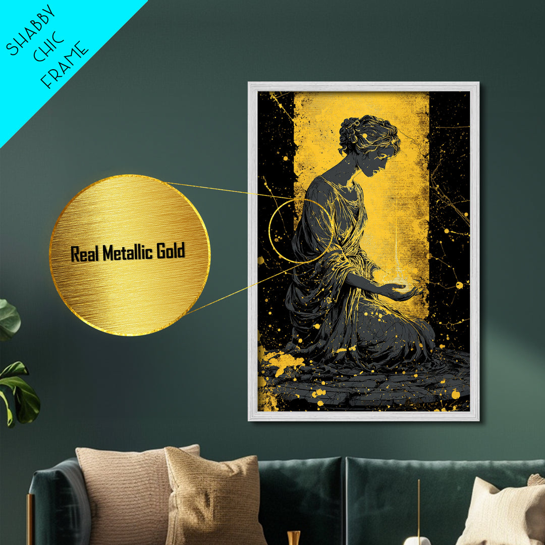 Greek Goddess Hestia With Flame Metallic Gold Metal Print, Ancient Mythology Wall Art, Real Wood Frame Home Decor