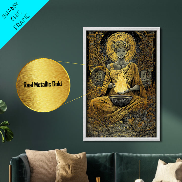 Hestia Goddess Of The Hearth Metallic Gold Metal Print, Divine Fire Wall Art, Mythology Inspired Decor, Wood Frame Print