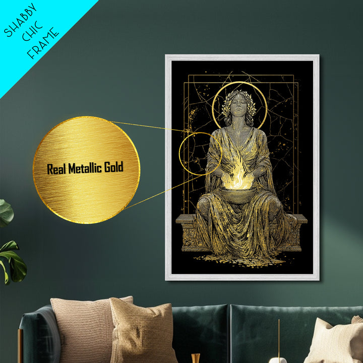 Sacred Flame Hestia Metallic Gold Metal Print, Greek Goddess Wall Art, Ancient Mythology Decor, Luxury Wood Frame Artwork