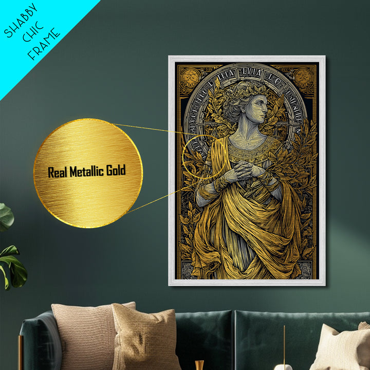 Greek Goddess Hestia With Fire Bowl, Mythology Metallic Gold Metal Print, Ancient Goddess Wall Art, Real Wood Frame