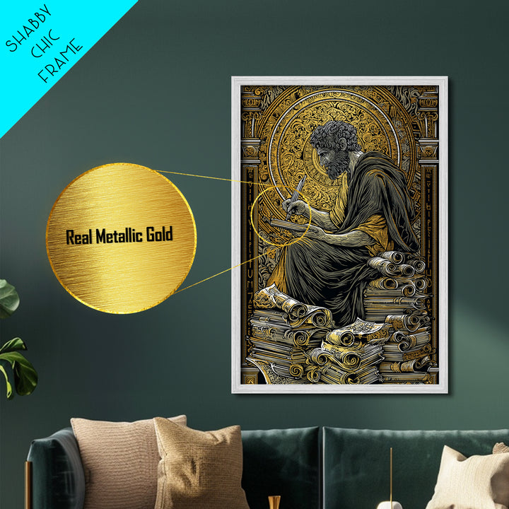 Metallic Gold Metal Print, Ancient Philosopher Writing Art, Greek Scholar Wall Decor, Mythology Artwork, Real Wood Frame