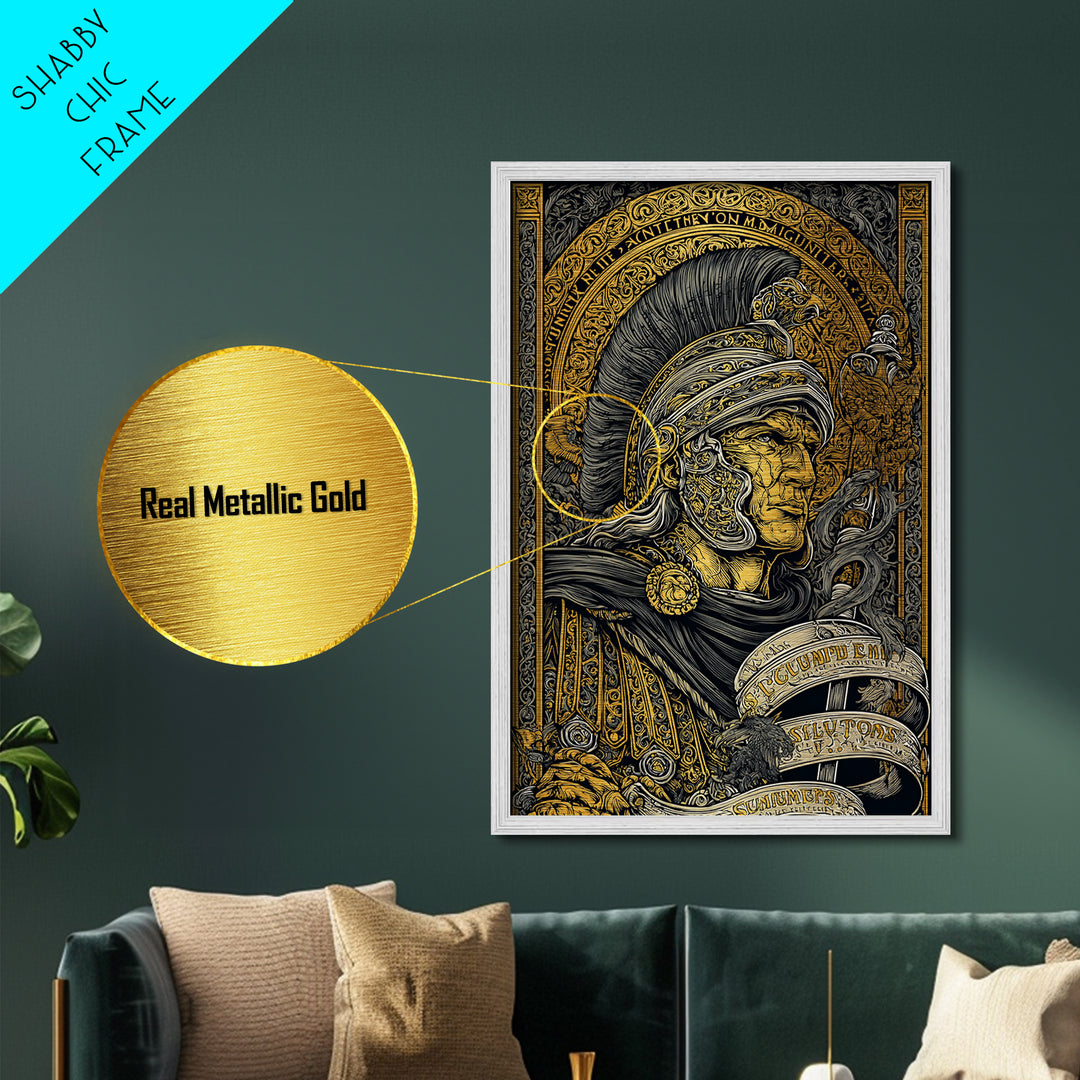 Metallic Gold Metal Print, Warrior Helmet Roman Soldier Art, Ancient Military Wall Decor, Classical Artwork, Real Wood Frame