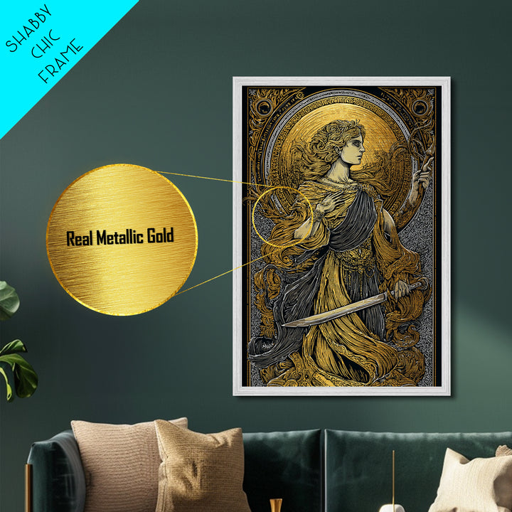 Metallic Gold Metal Print, Mythical Goddess With Sword Art, Ancient Deity Wall Decor, Divine Feminine Strength Artwork, Real Wood Frame