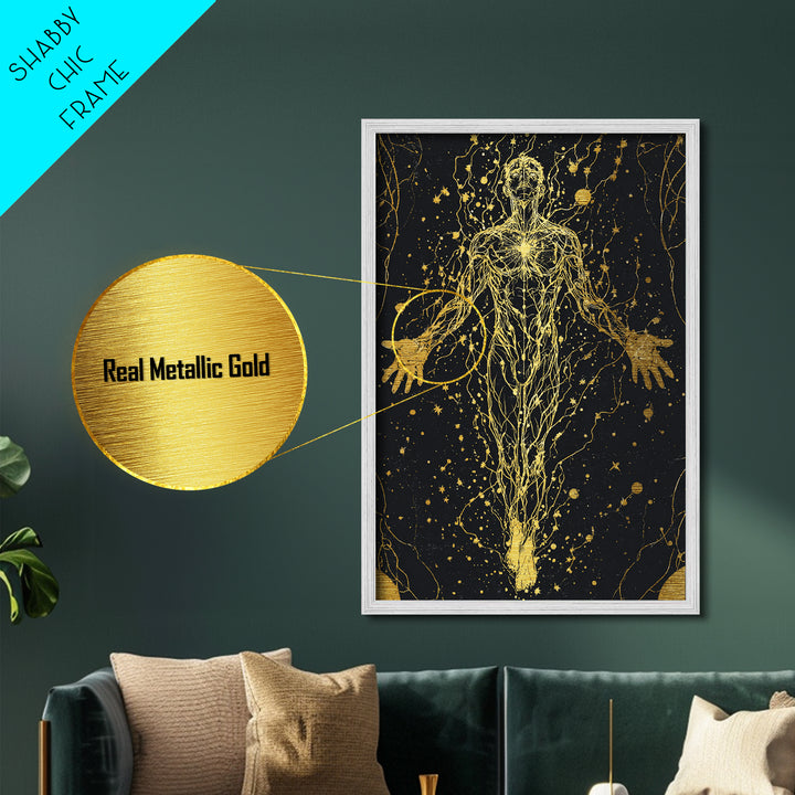 Metallic Gold Metal Print, Cosmic Human Energy Lines Art, Spiritual Awakening Wall Decor, Astral Mythology Artwork, Real Wood Frame
