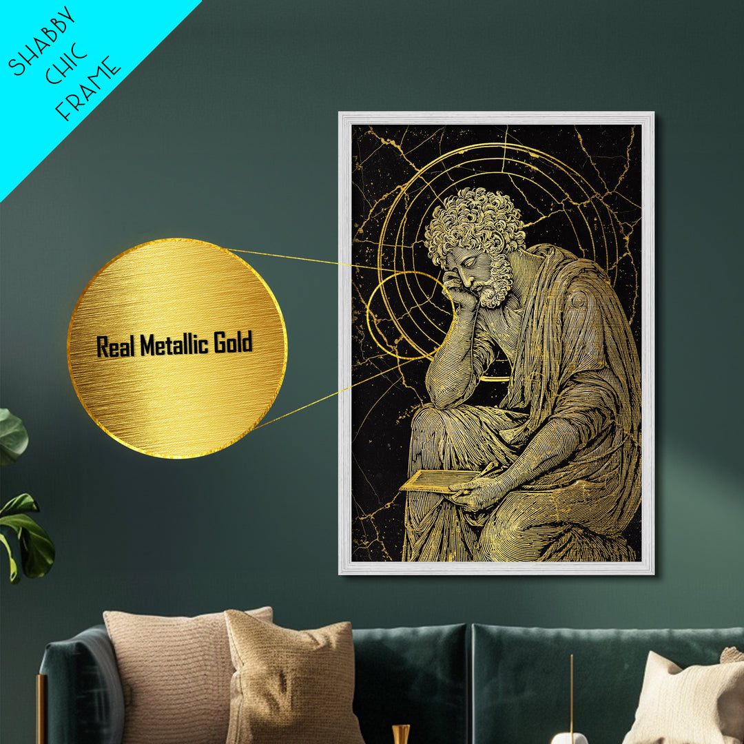 Metallic Gold Metal Print, Stoic Philosopher Sitting Art, Ancient Thinker Wall Decor, Roman Wisdom Artwork, Real Wood Frame
