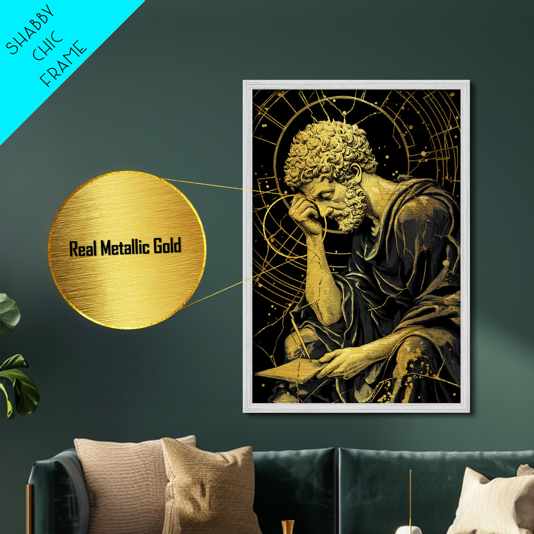 Metallic Gold Metal Print, Pensive Philosopher Study Art, Ancient Scholar Wall Decor, Roman Thinker Artwork, Real Wood Frame