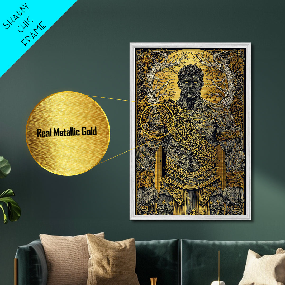 Roman Warrior Metallic Gold Metal Print, Ancient Strength Wall Art, Mythology Inspired Decor, Luxury Home Accent, Real Wood Frame