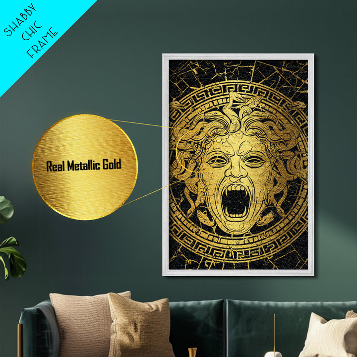 Medusa Head Metallic Gold Metal Print, Mythology Wall Art, Snake Hair Monster Decor, Greek Legend Artwork, Real Wood Frame