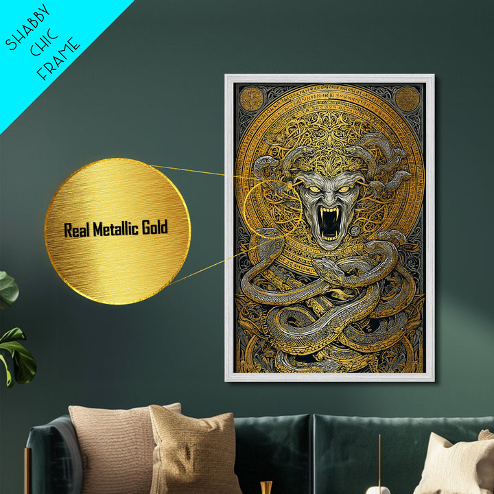 Medusa Serpent Metallic Gold Metal Print, Mythology Wall Art, Fierce Gorgon Decor, Greek Goddess Inspired Artwork, Real Wood Frame