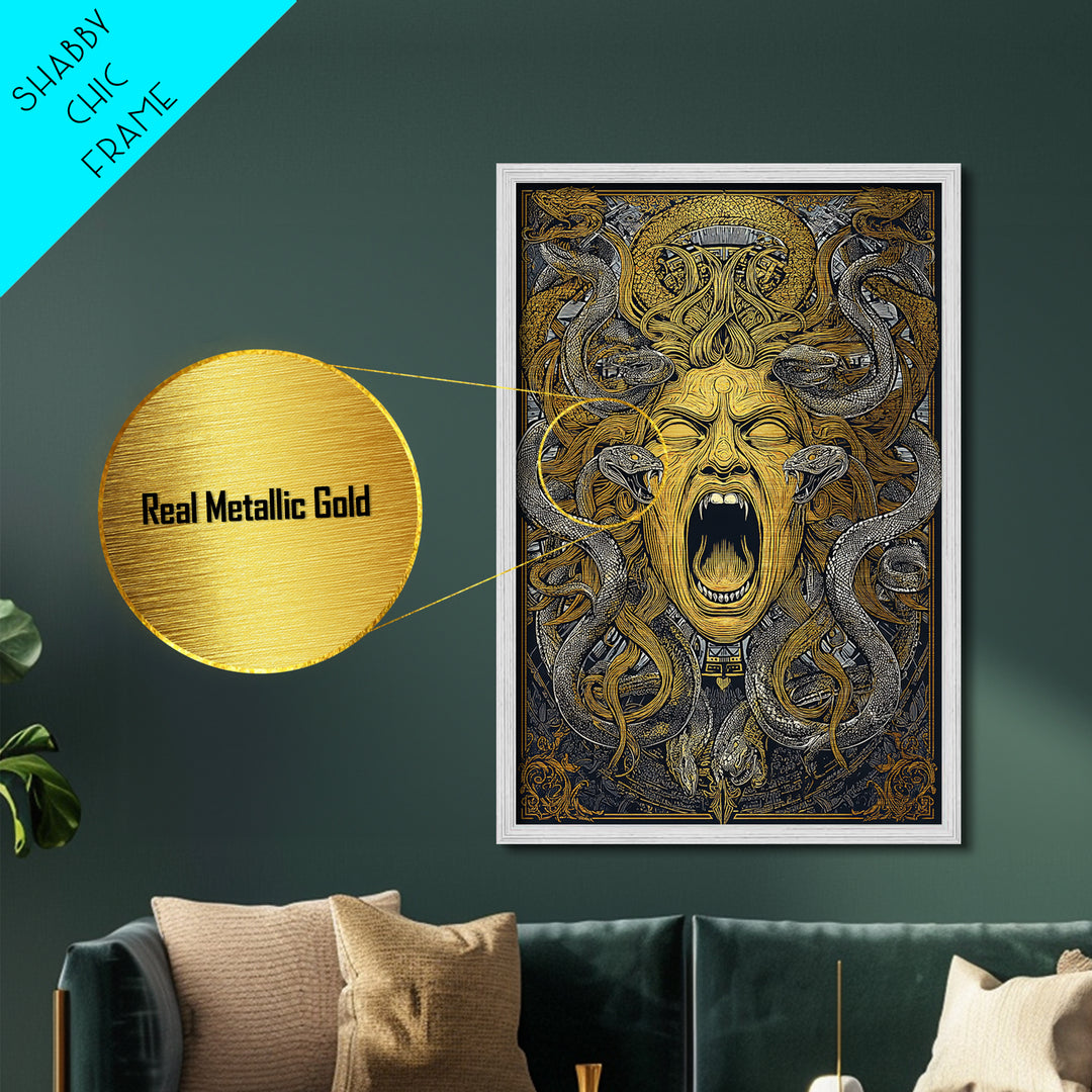 Medusa Snakes Metallic Gold Metal Print, Mythology Wall Art, Fierce Gorgon Decor, Ancient Greek Inspired Artwork, Real Wood Frame