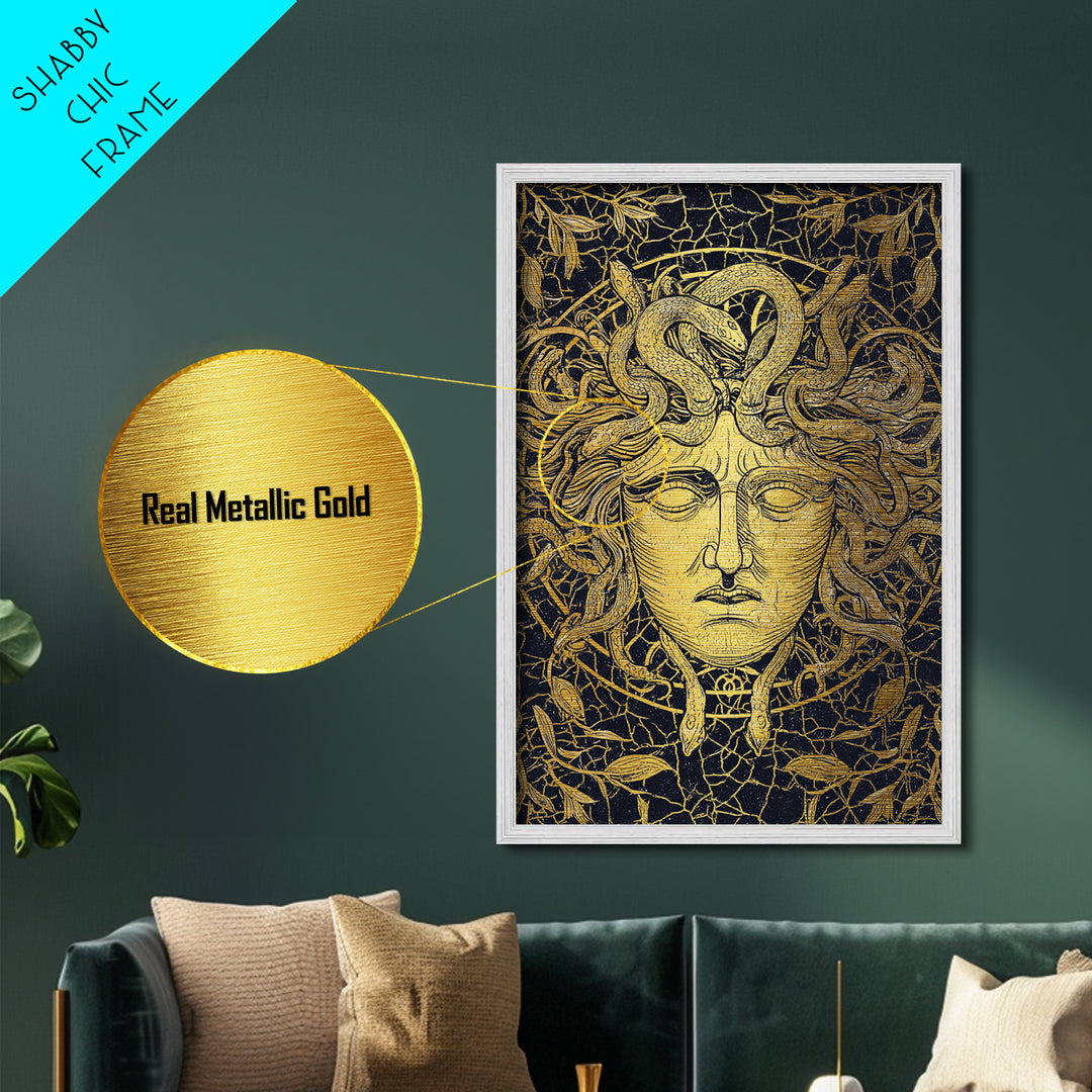 Medusa Head Metallic Gold Art, Mythology Wall Print, Snake Hair Decor, Fierce Ancient Greek Gorgon Artwork, Real Wood Frame