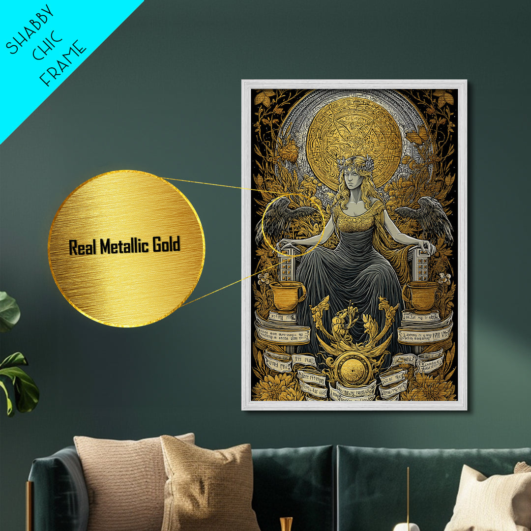 Goddess Throne Metallic Gold Metal Print, Mythology Wall Art, Divine Queen Decor, Ancient Inspired Spiritual Artwork, Real Wood Frame
