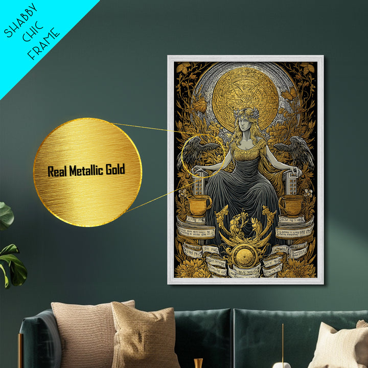 Goddess Throne Metallic Gold Metal Print, Mythology Wall Art, Divine Queen Decor, Ancient Inspired Spiritual Artwork, Real Wood Frame