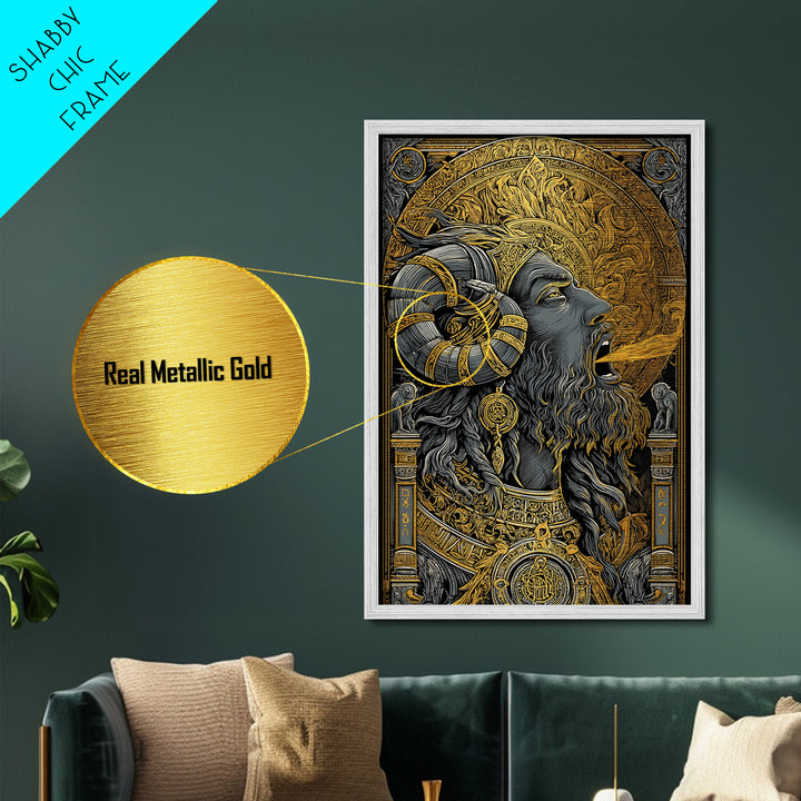 Horned God Metallic Gold Metal Print, Mythology Wall Art, Fire Breathing Deity Decor, Pagan Inspired Spiritual Artwork, Real Wood Frame