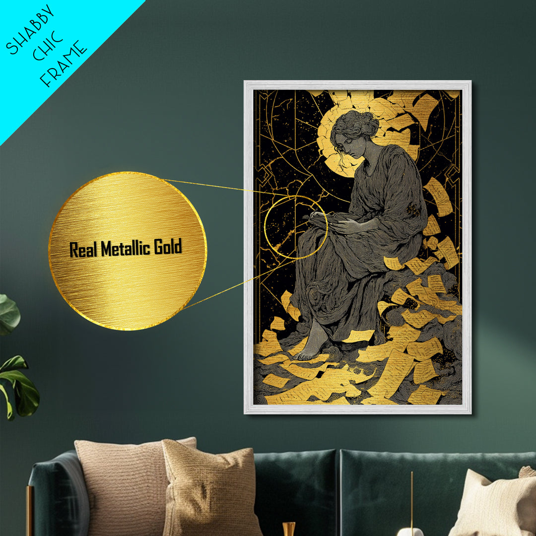 Roman Emperor Bust Metallic Gold Metal Print, Ancient Warrior Wall Art, Classical Statue Artwork, Mythology Inspired Real Wood Frame