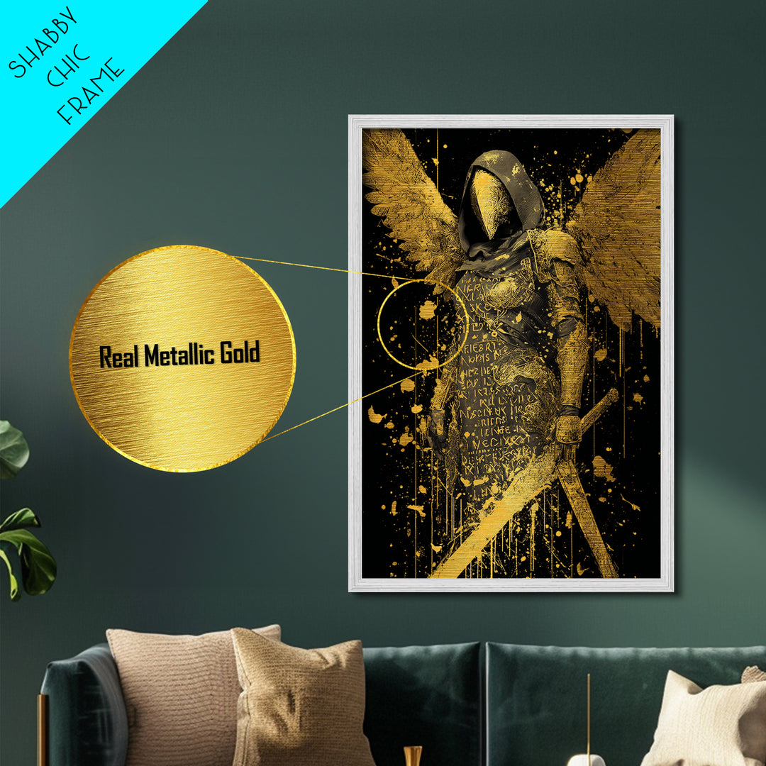 Medusa Serpent Head Metallic Gold Metal Print, Classical Myth Wall Art, Ancient Monster Artwork, Legendary Creature Decor Wood Frame
